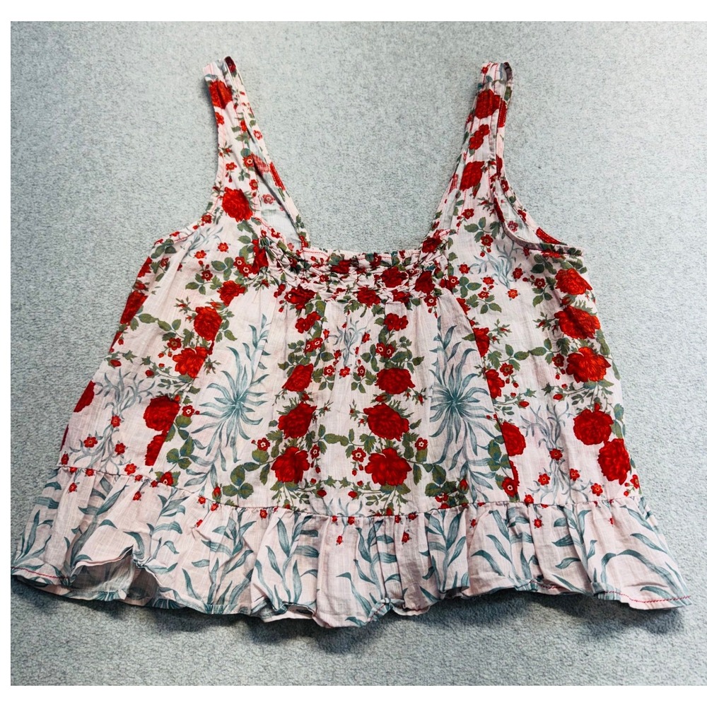 Maeve Floral Tank Top Womens XS Pink Red Smocked Ruffle Boho Anthropologie Flowy